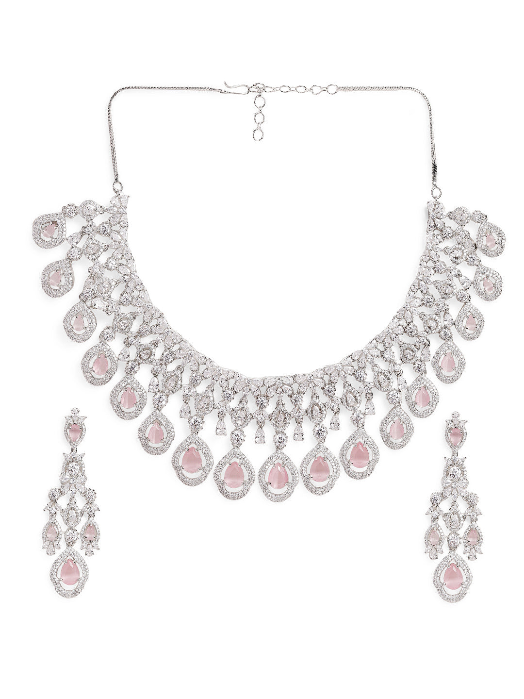 Ishin Pink Colour Silver Plated American Diamond Jewellery Set
