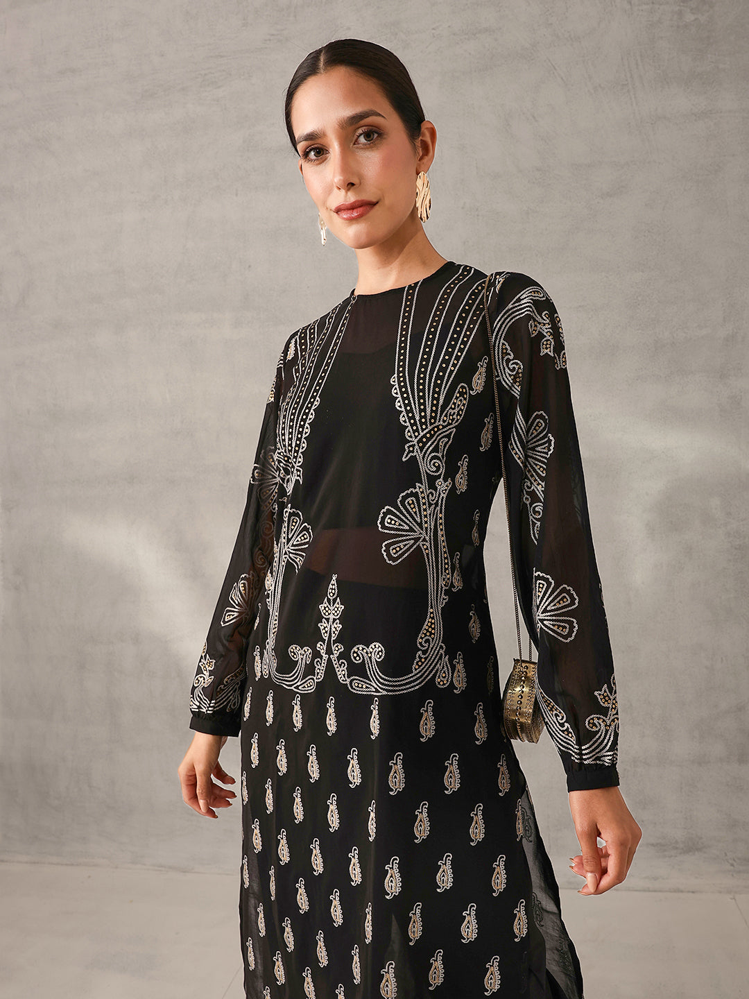 Flowy Black Crepe Foil Printed Straight Fit Kurta Set with Crop Top