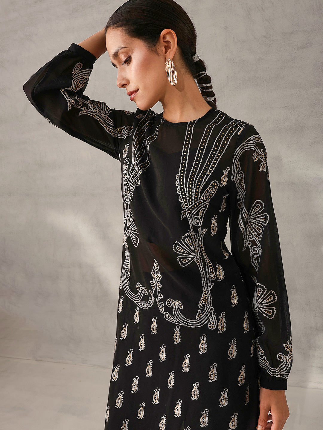 Flowy Black Crepe Foil Printed Straight Fit Kurta Set with Crop Top