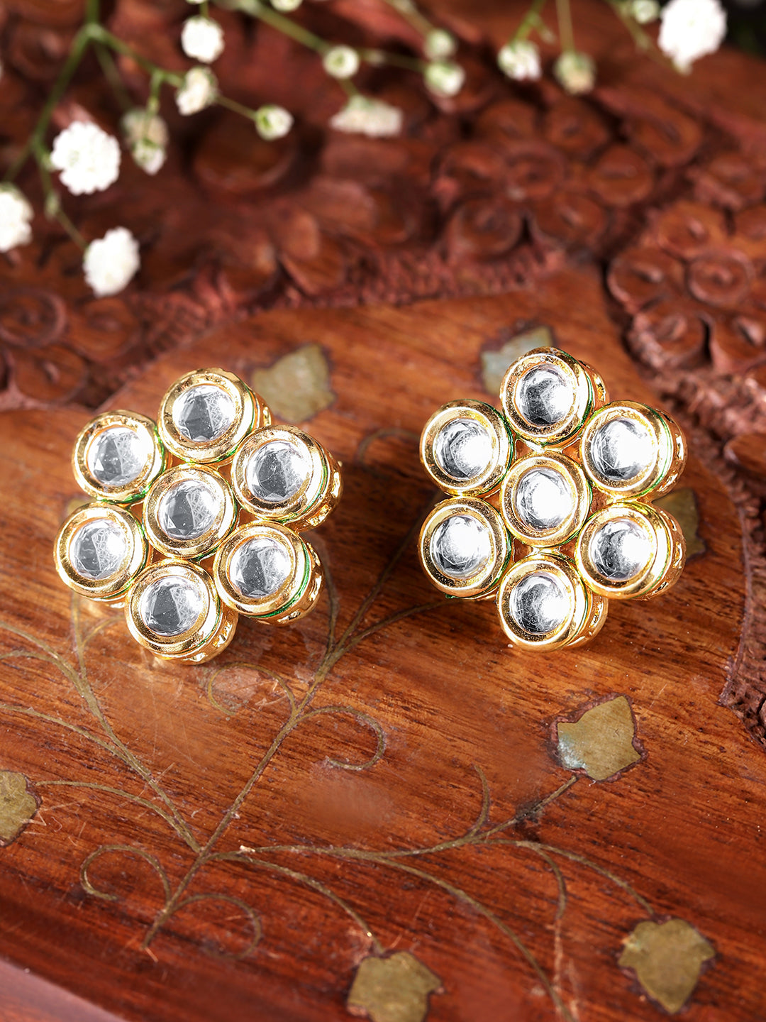 Ishin White Colour Gold plated Kundan Studs Earring