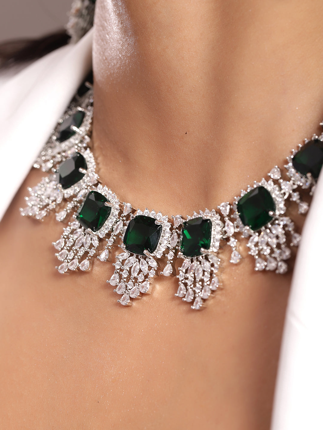 Ishin Green Colour Silver Plated American Diamond Jewellery Set