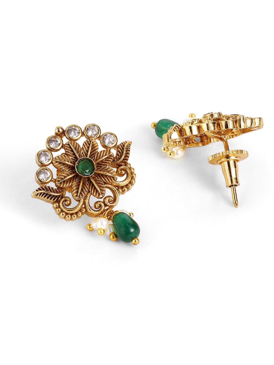 Ishin Floral Style Green Beads Gold Plated necklace Mini Drop Earrings Jewellery Set
