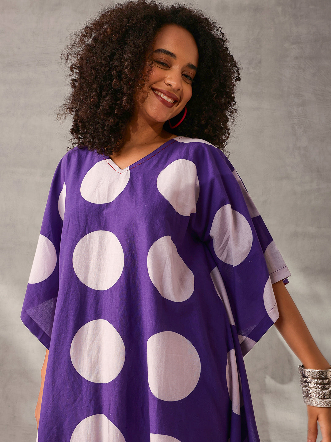 Comfy Purple Cotton Printed Kaftan with embroidery 