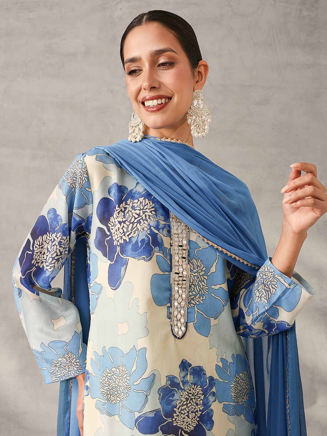 Soft off white Chinon Floral Printed straight fit Kurta Set with Dupatta