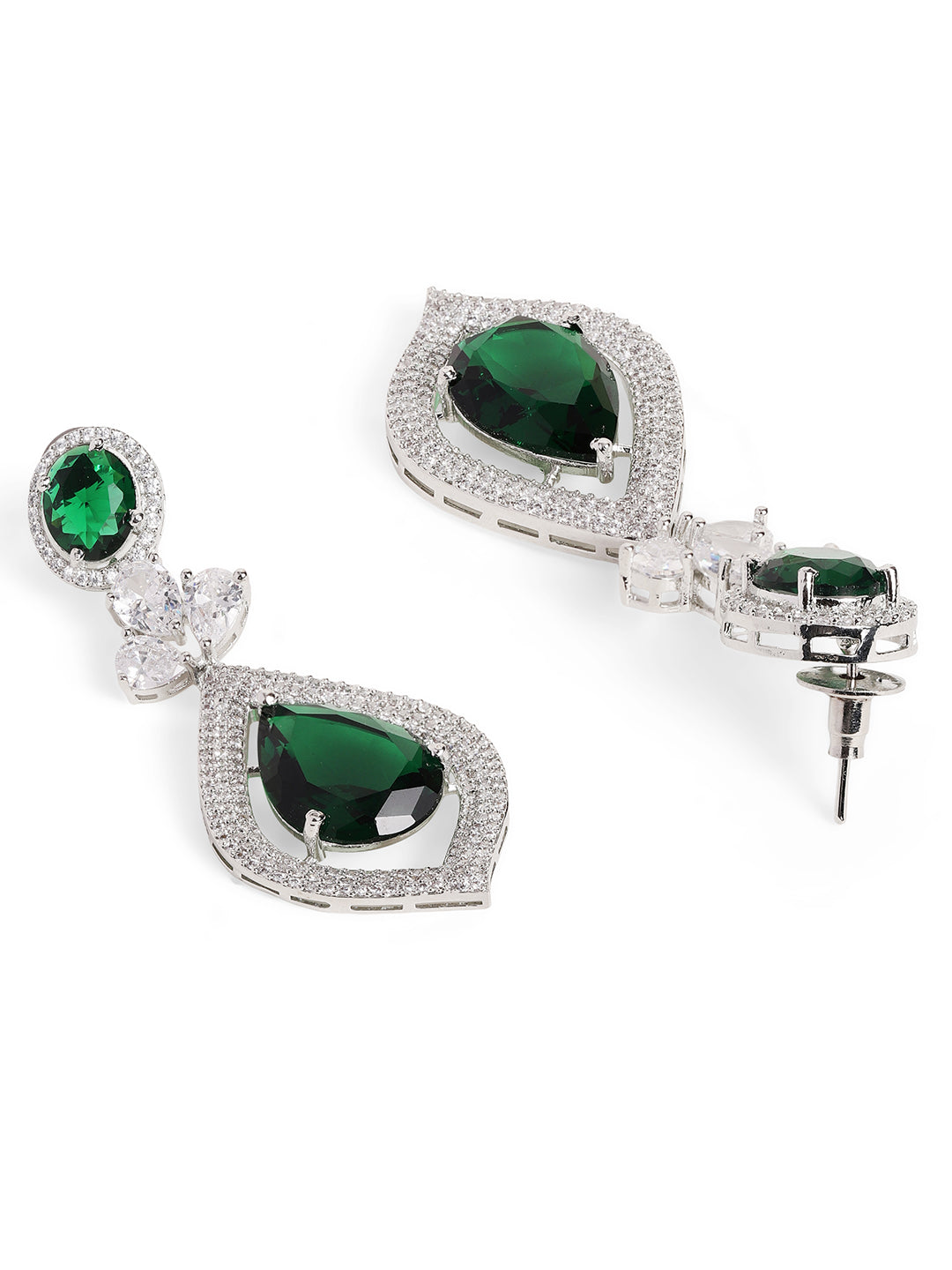Ishin Green Colour Silver plated American Diamond Jewellery set