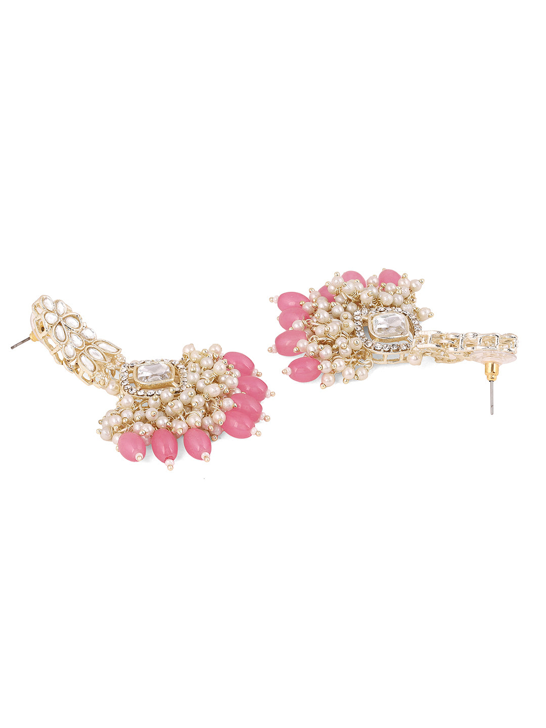 Ishin Geometric Elegance Kundan Gold Plated Pearl Pink Beads Drop Earrings