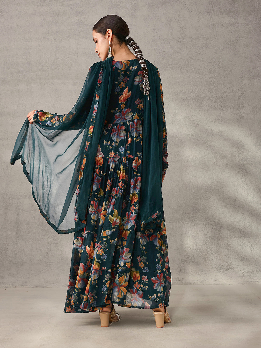 Graceful Blue Chinon Floral Printed Tiered Kurta Set with Dupatta