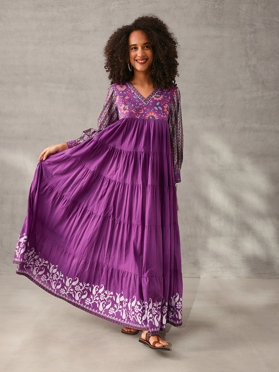 Graceful Lavender Cotton Floral Printed Tiered fit Gown 