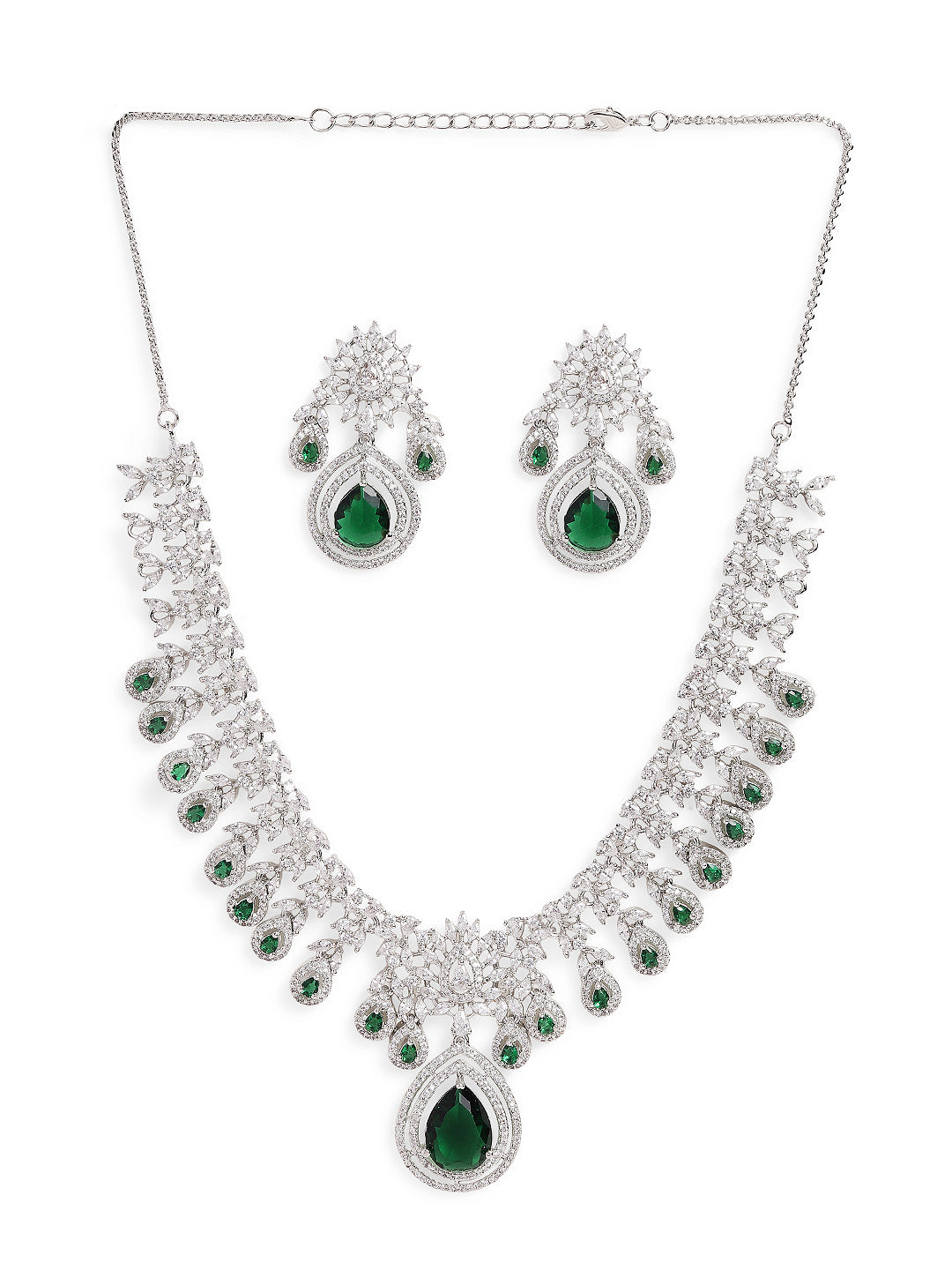 Ishin Green Colour Silver Plated American Diamond Jewellery Set