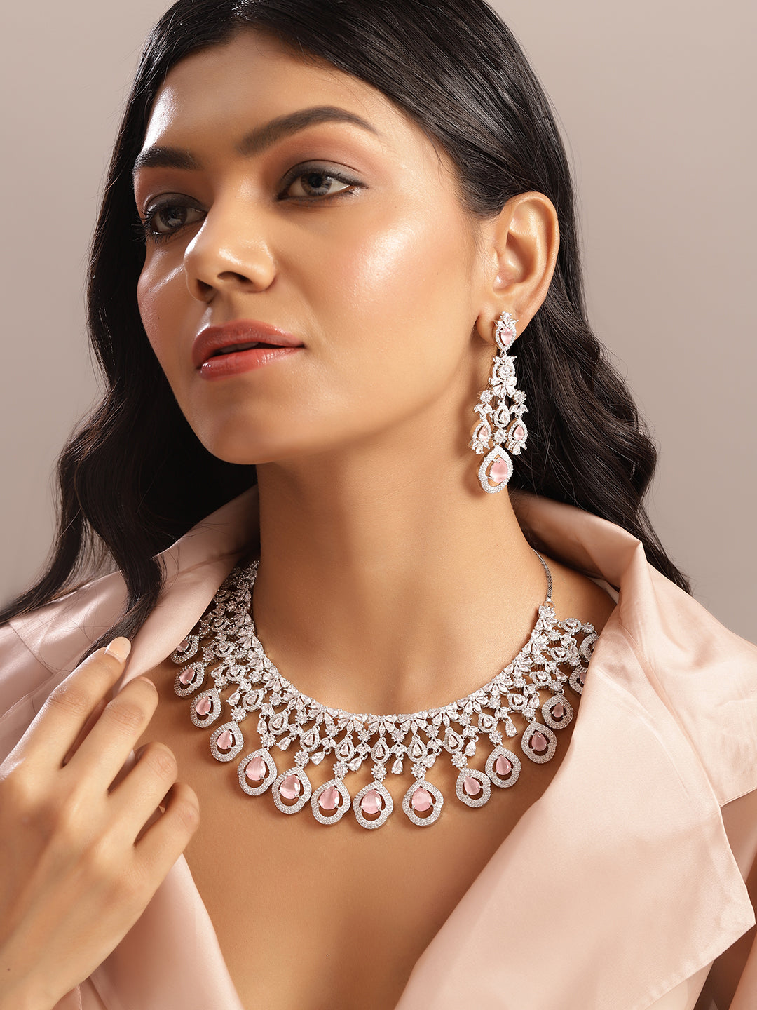 Ishin Pink Colour Silver Plated American Diamond Jewellery Set