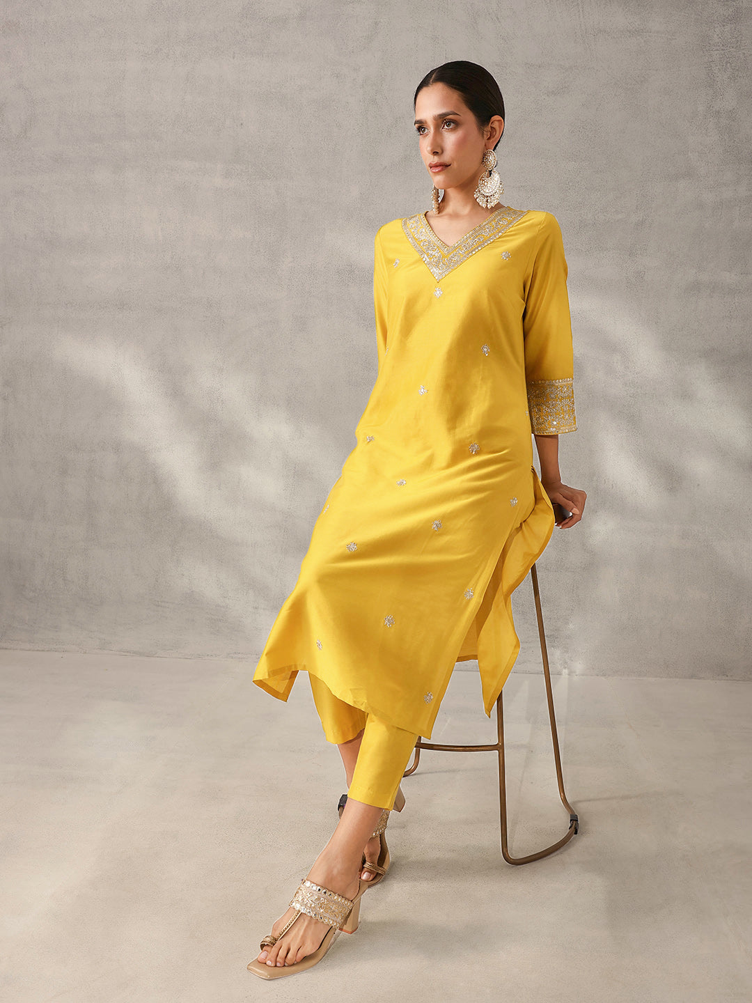 Soft Mustard Polystyrene Zari Embroidered Straight Fit Kurta Set