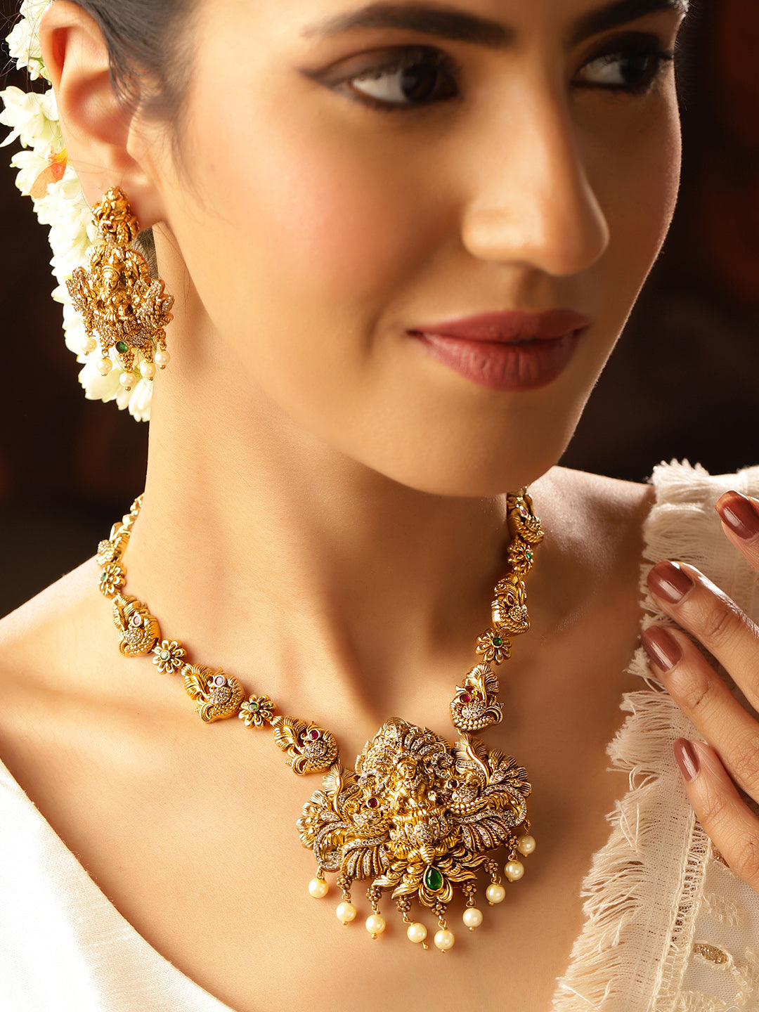 Ishin AD Elegance Green Beads Gold Plated Necklace and Drop Earrings Jewellery Set