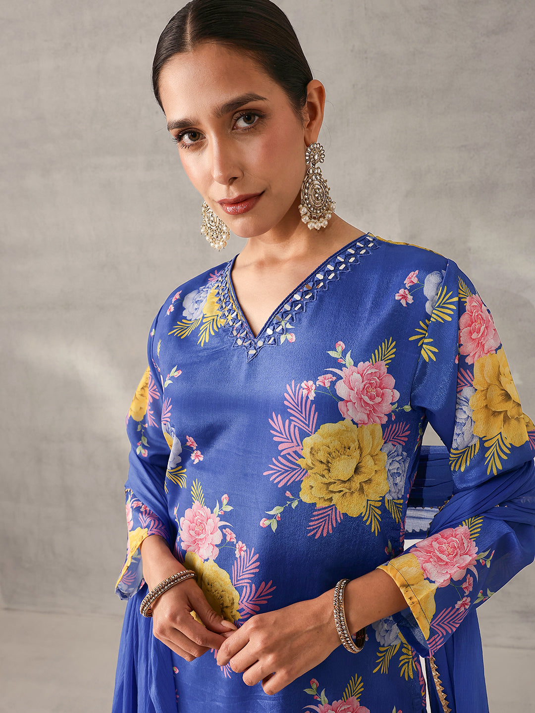 Soft Blue Chinon Floral Printed straight fit Kurta Set with Dupatta
