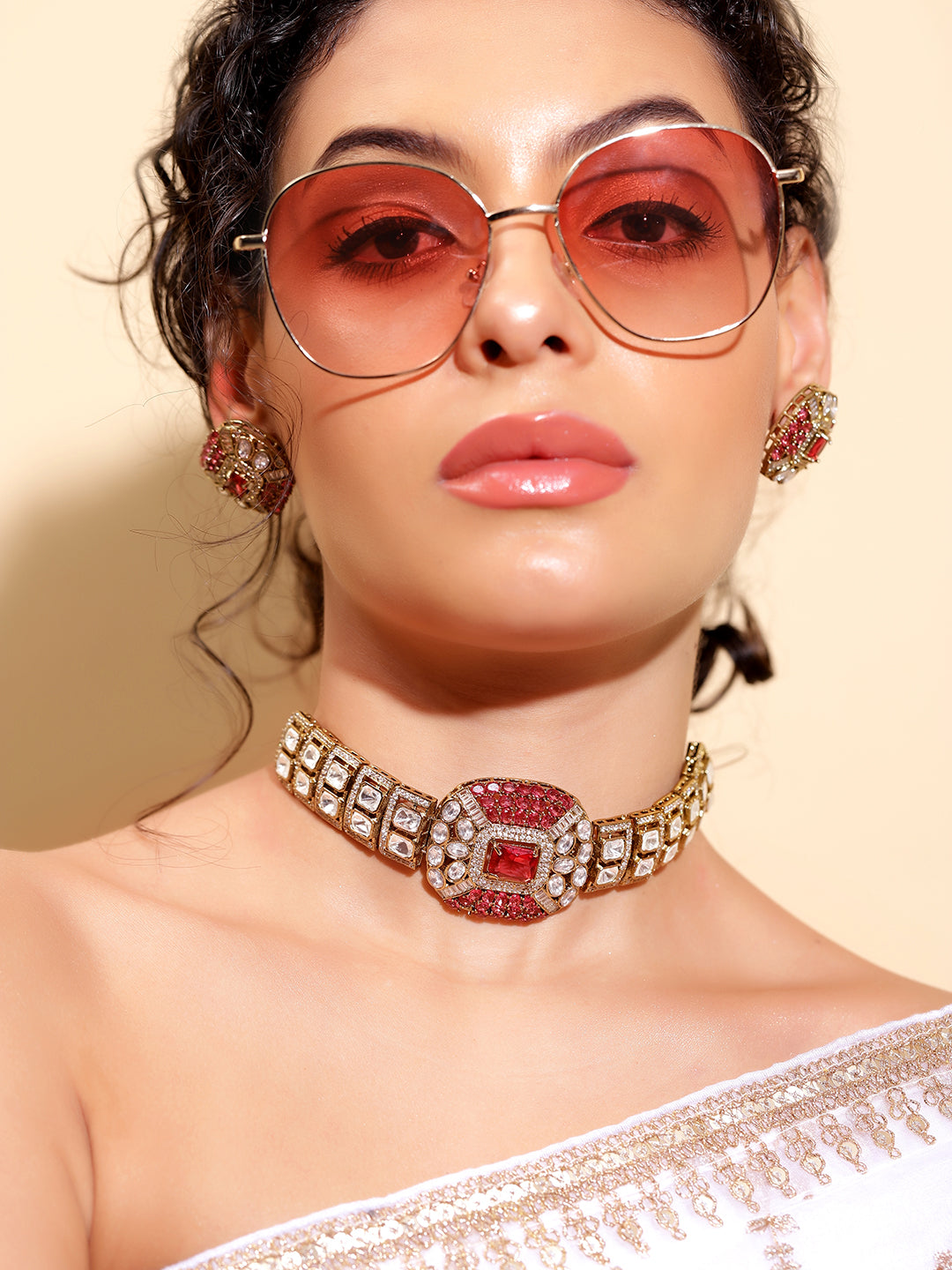 Ishin Red  Colour Gold Plated Jewellery set