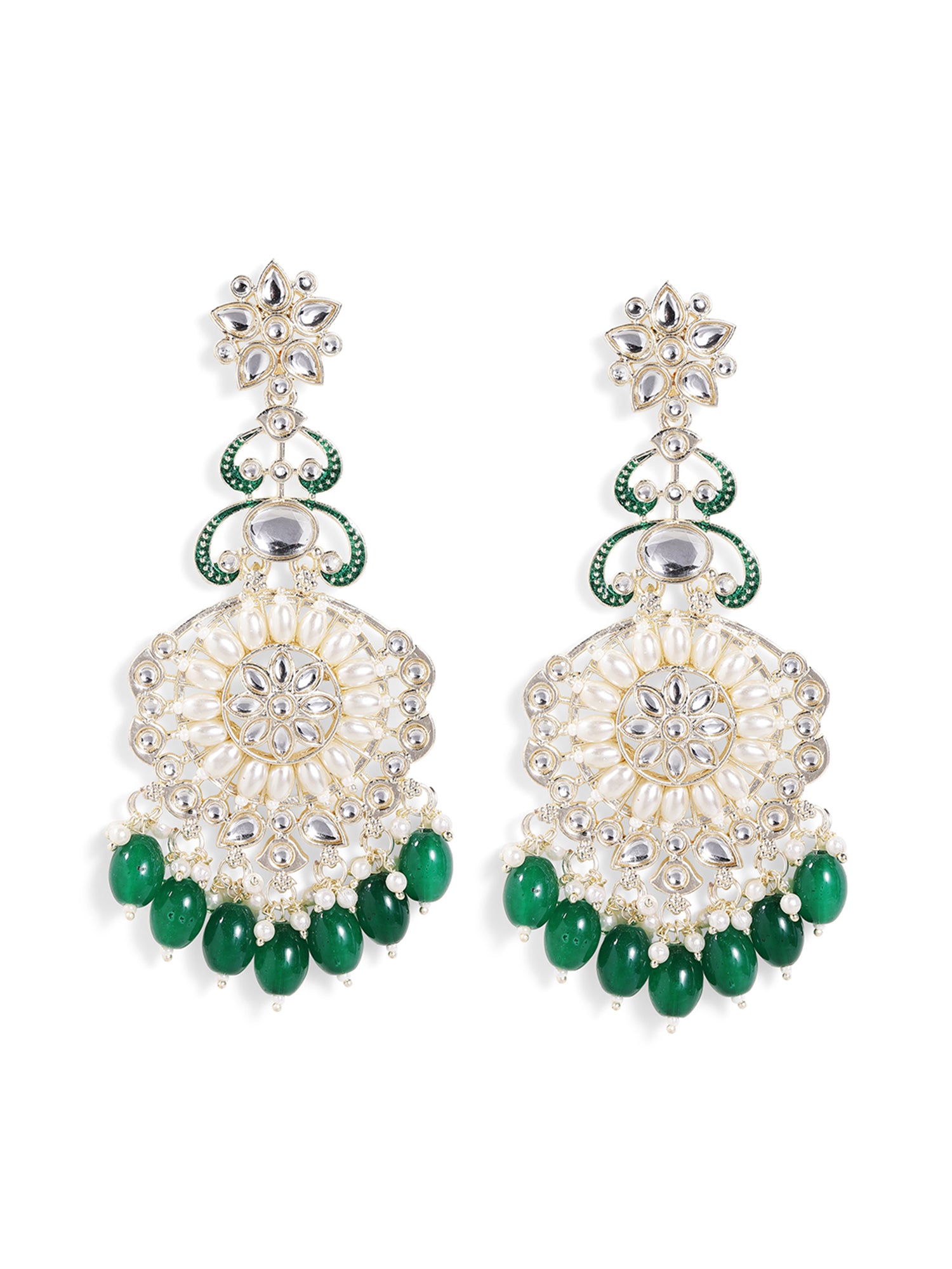 Ishin Kundan Pearl Style Floral Pattern Gold Plated Green Beads Drop Earrings