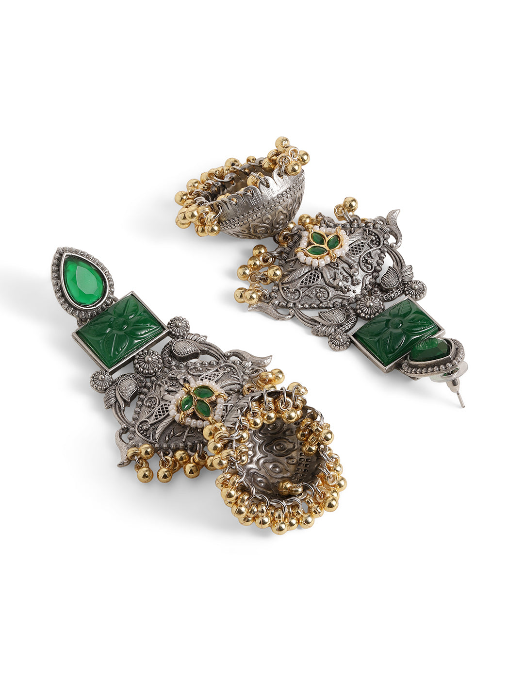 Ishin Green Colour Silver Plated Emerald Jhumka Earring