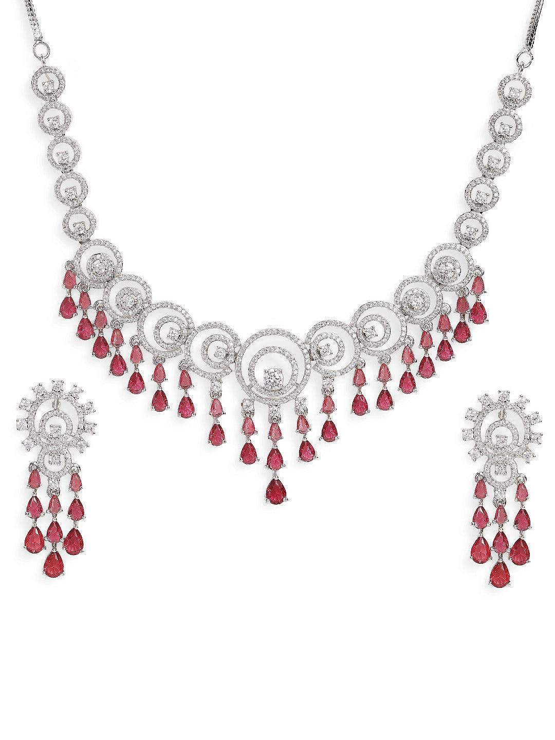 Ishin Pink Colour Silver Plated American Diamond Jewellery Set