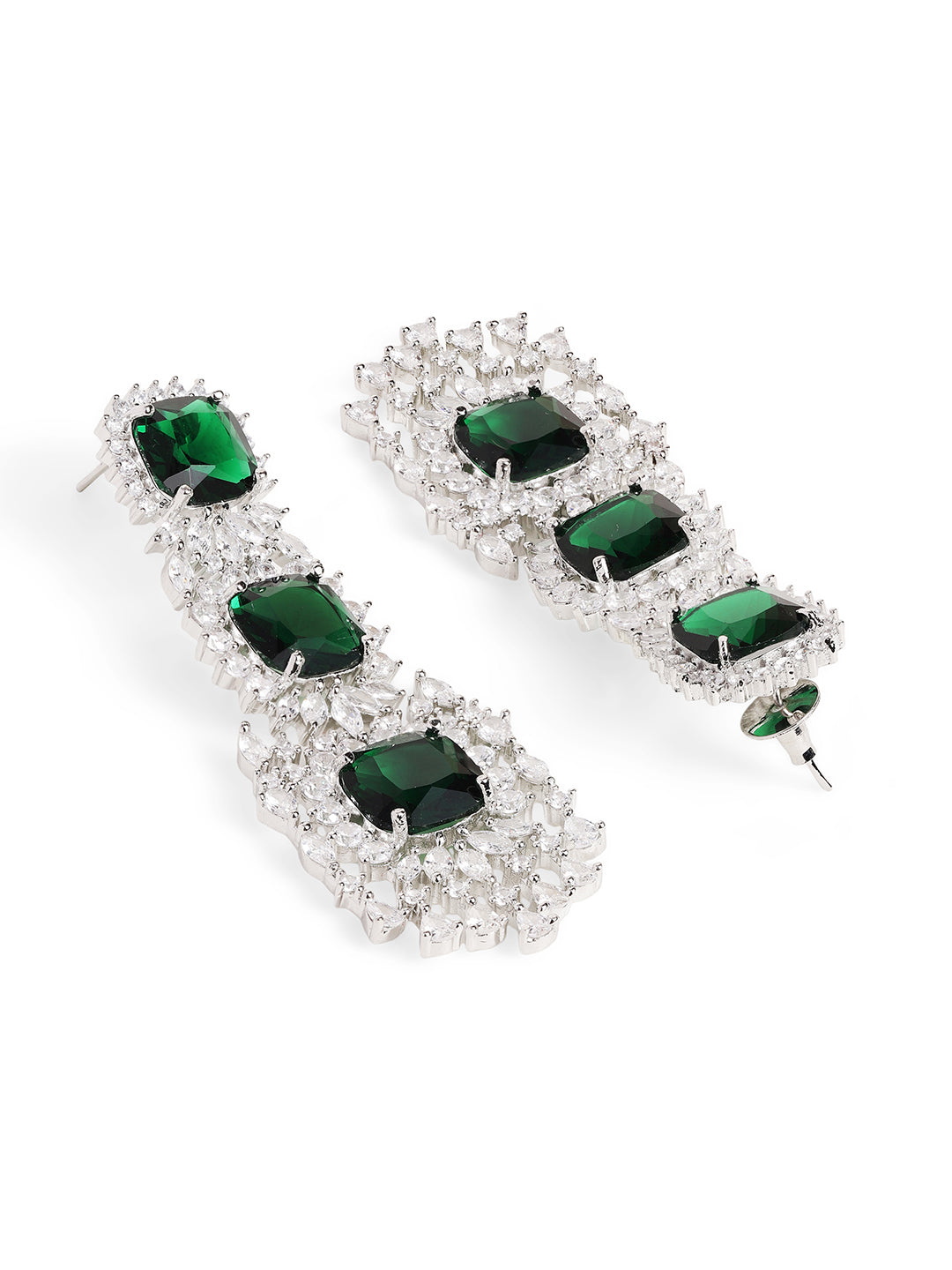 Ishin Green Colour Silver Plated American Diamond Jewellery Set