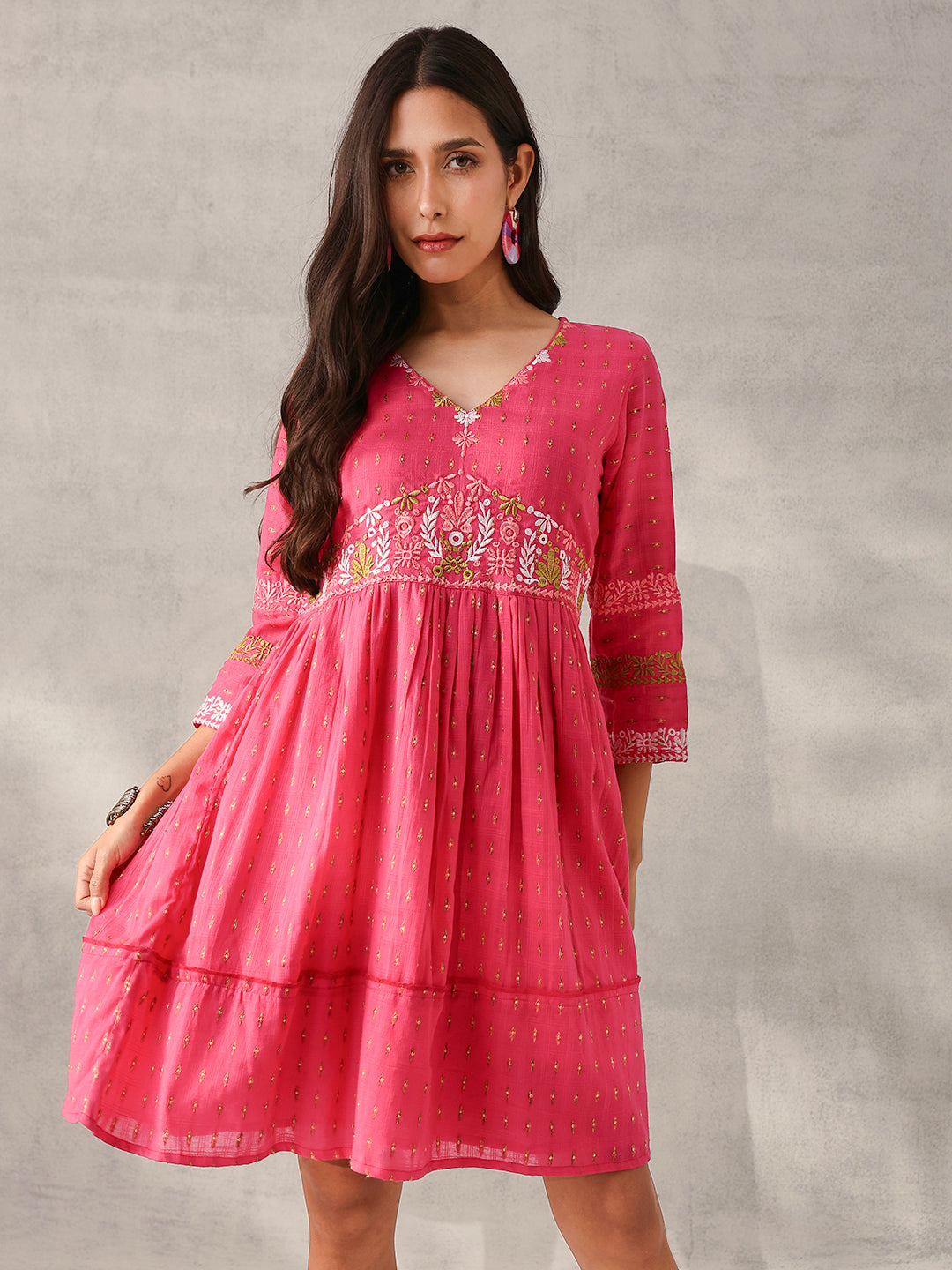 Comfy pink Cotton Dobby Embroidered Regular Fit Dress