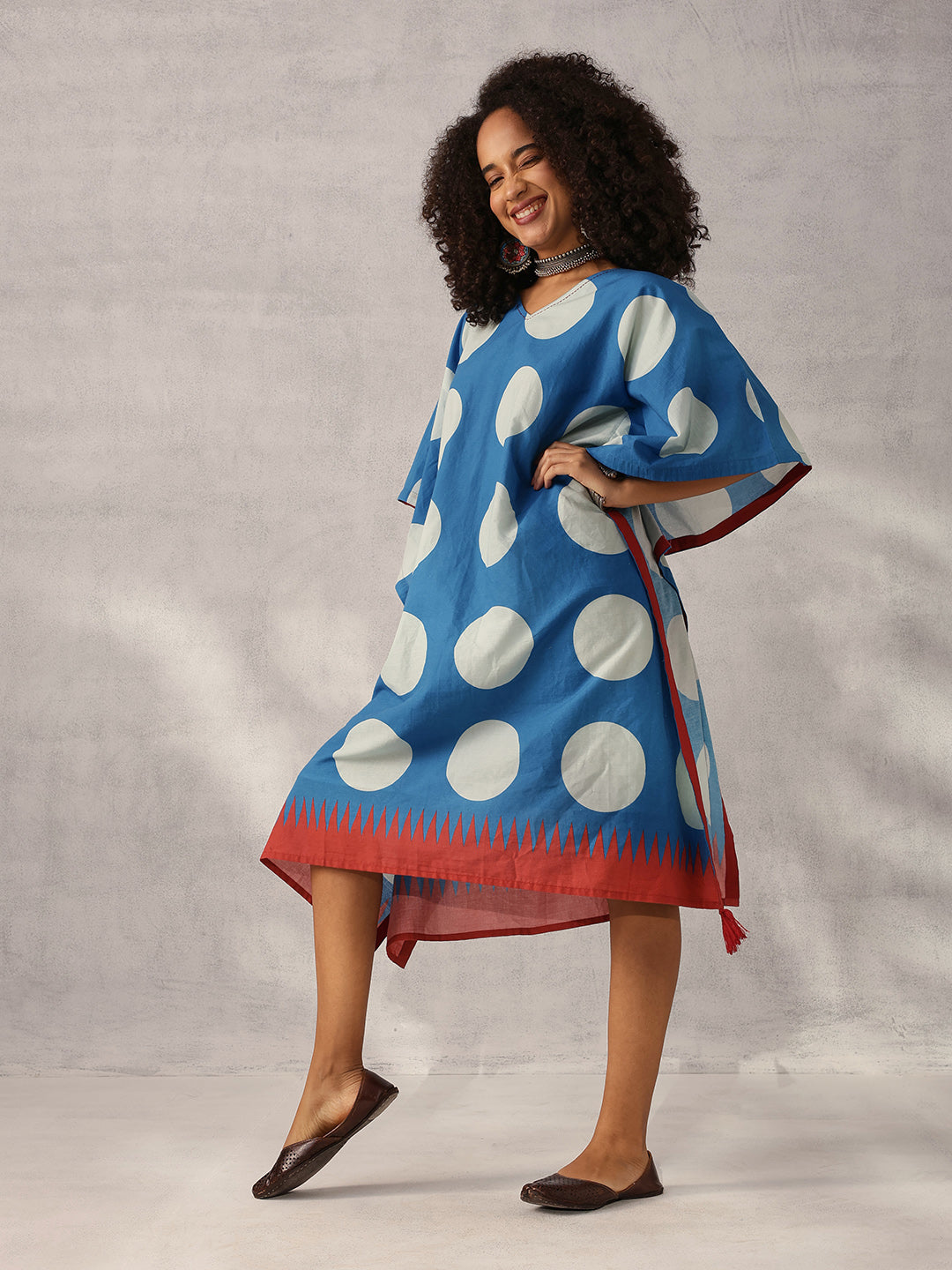 Comfy Indigo Cotton Printed Kaftan with tassels