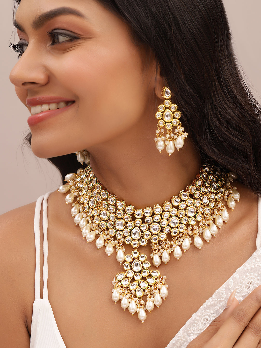Ishin White Colour Gold plated Kundan Jewellery set