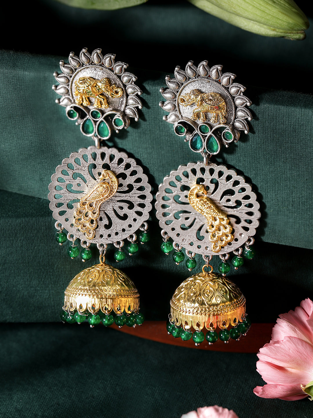 Ishin Green Colour Silver Plated Jhumka Earring