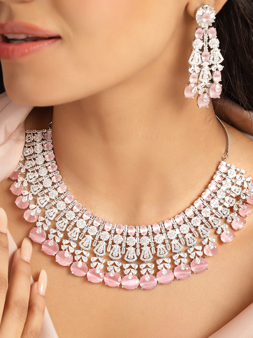 Ishin Pink Colour Silver Plated American Diamond Jewellery Set