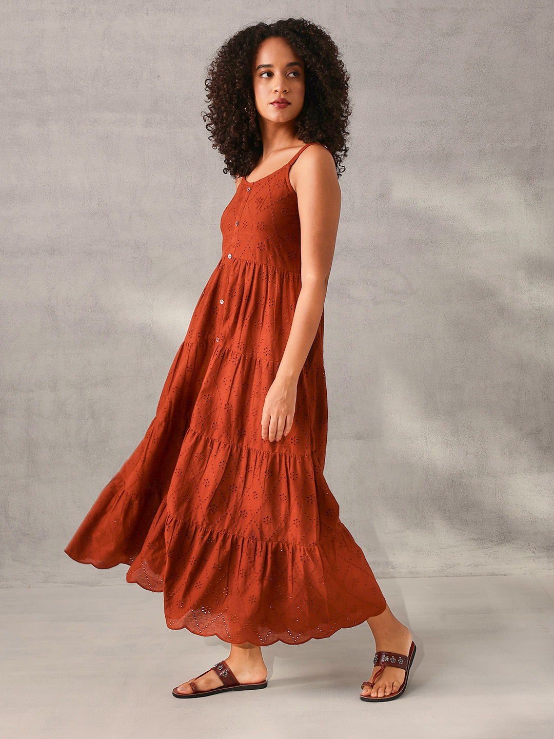 Comfy Rust Cotton Schiffli Tiered fit Dress
