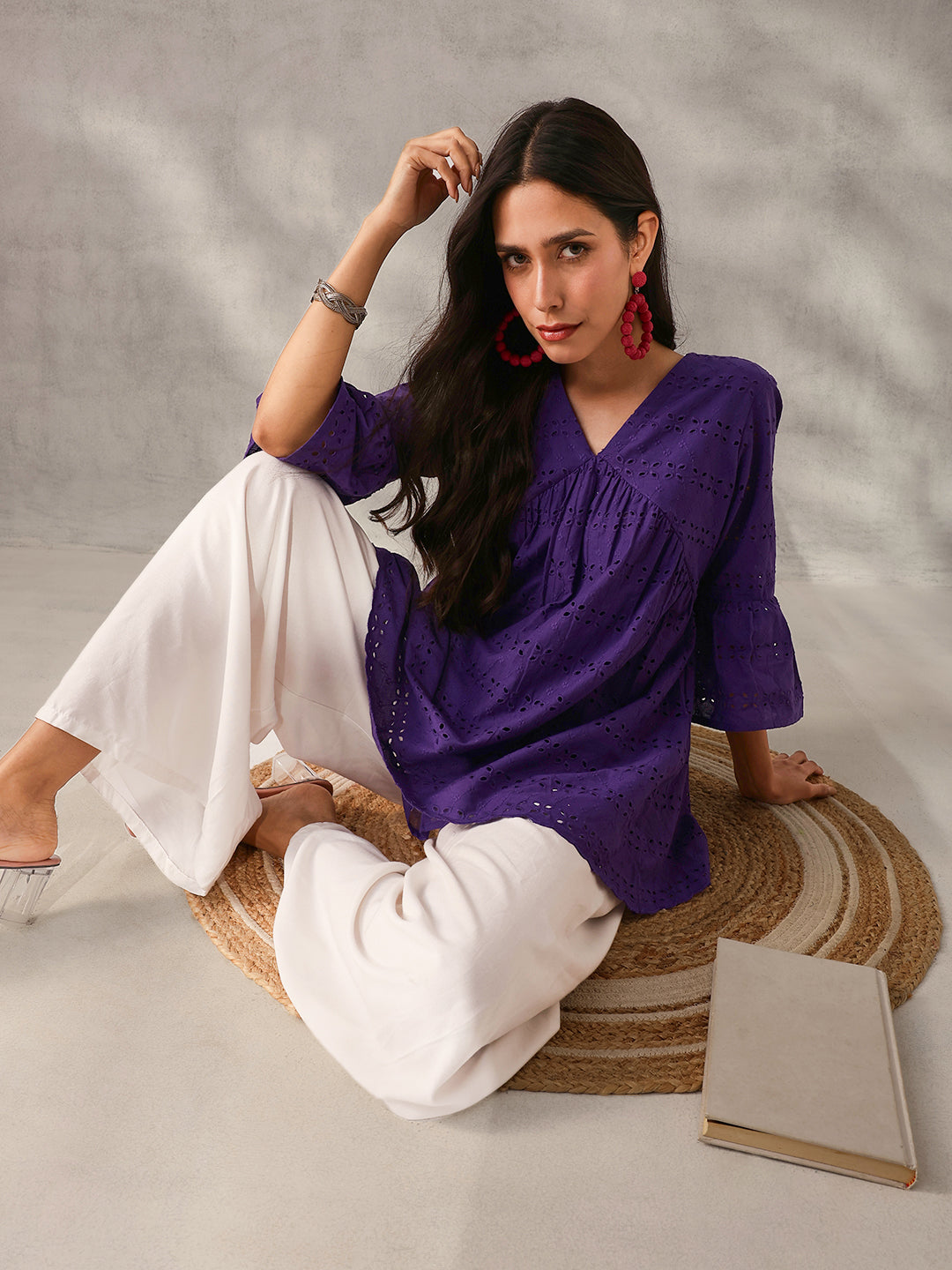 Comfy Purple Cotton Schiffli Regular Fit Top