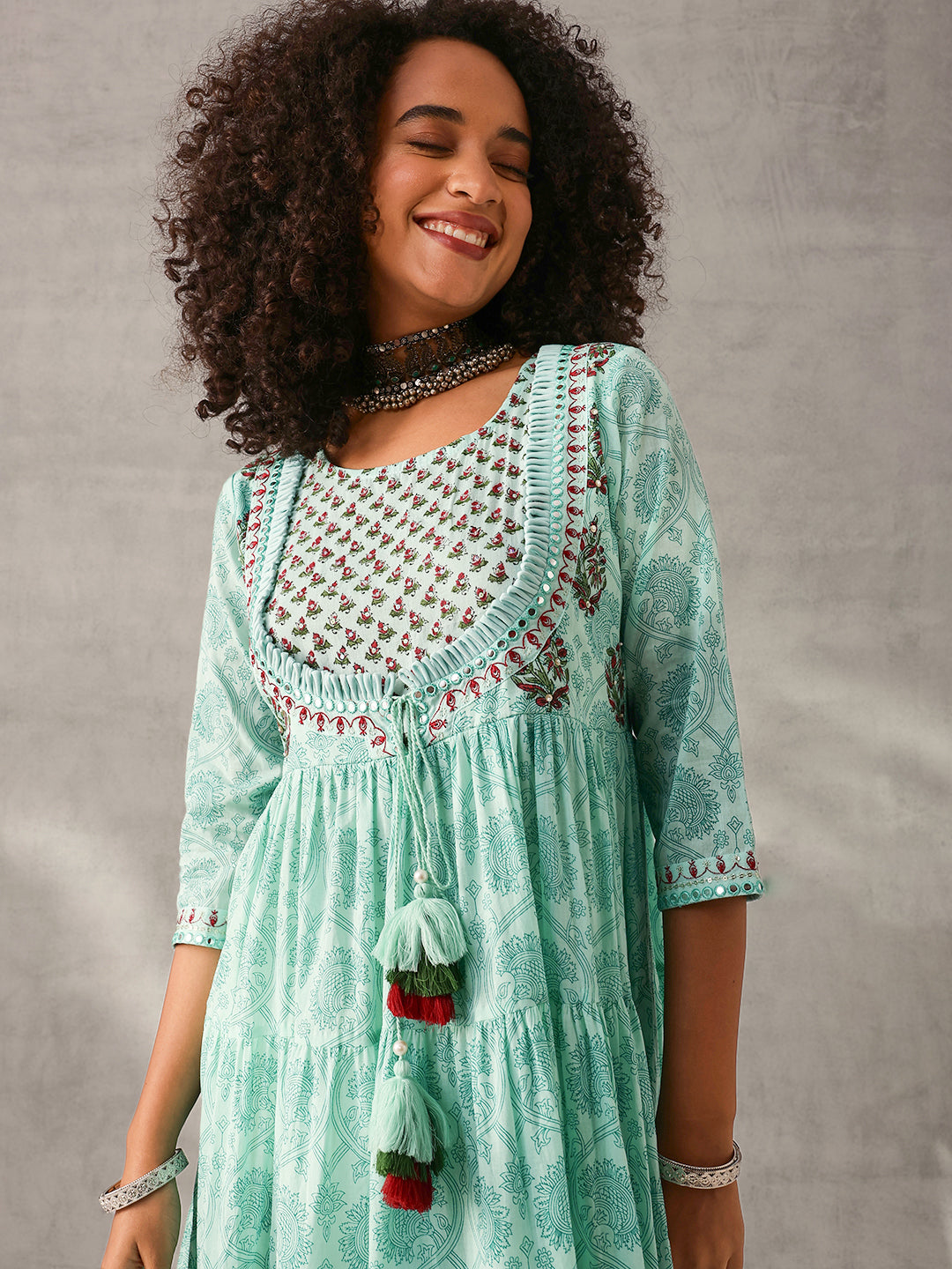 Graceful Green Cotton Printed with Embroidered Fit & Flare Gown 