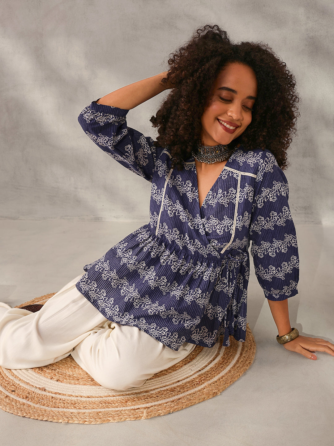 Comfy Navy Blue Cotton Printed Angrakha fit Top