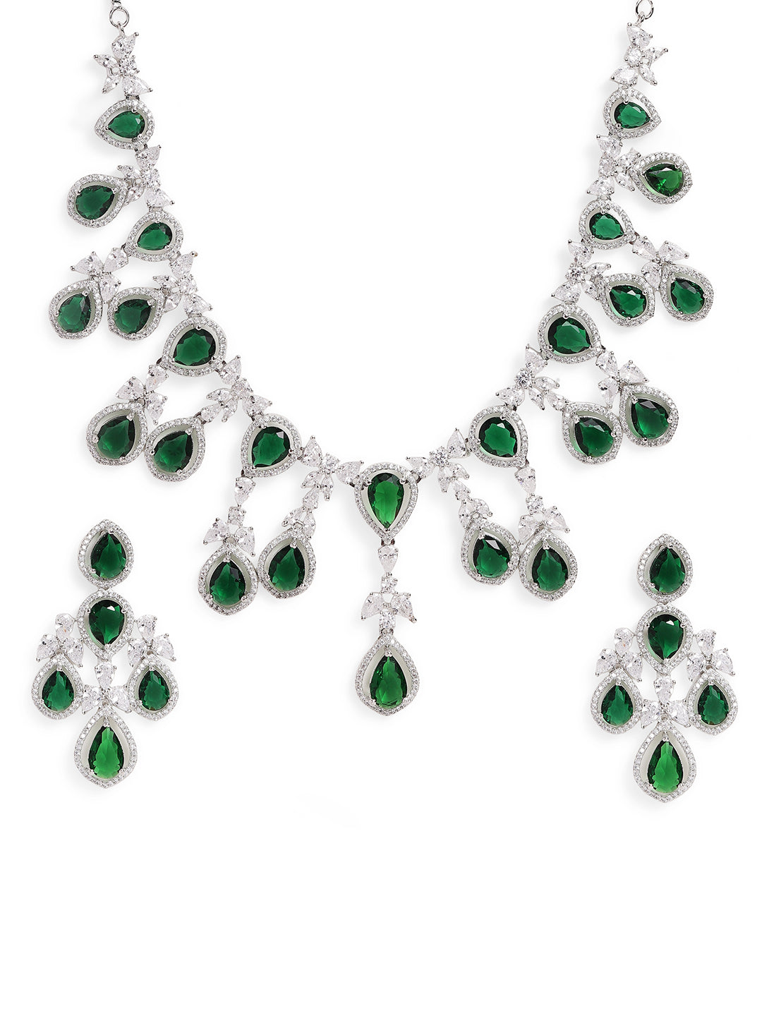 Ishin Green Colour Silver Plated American Diamond Jewellery Set