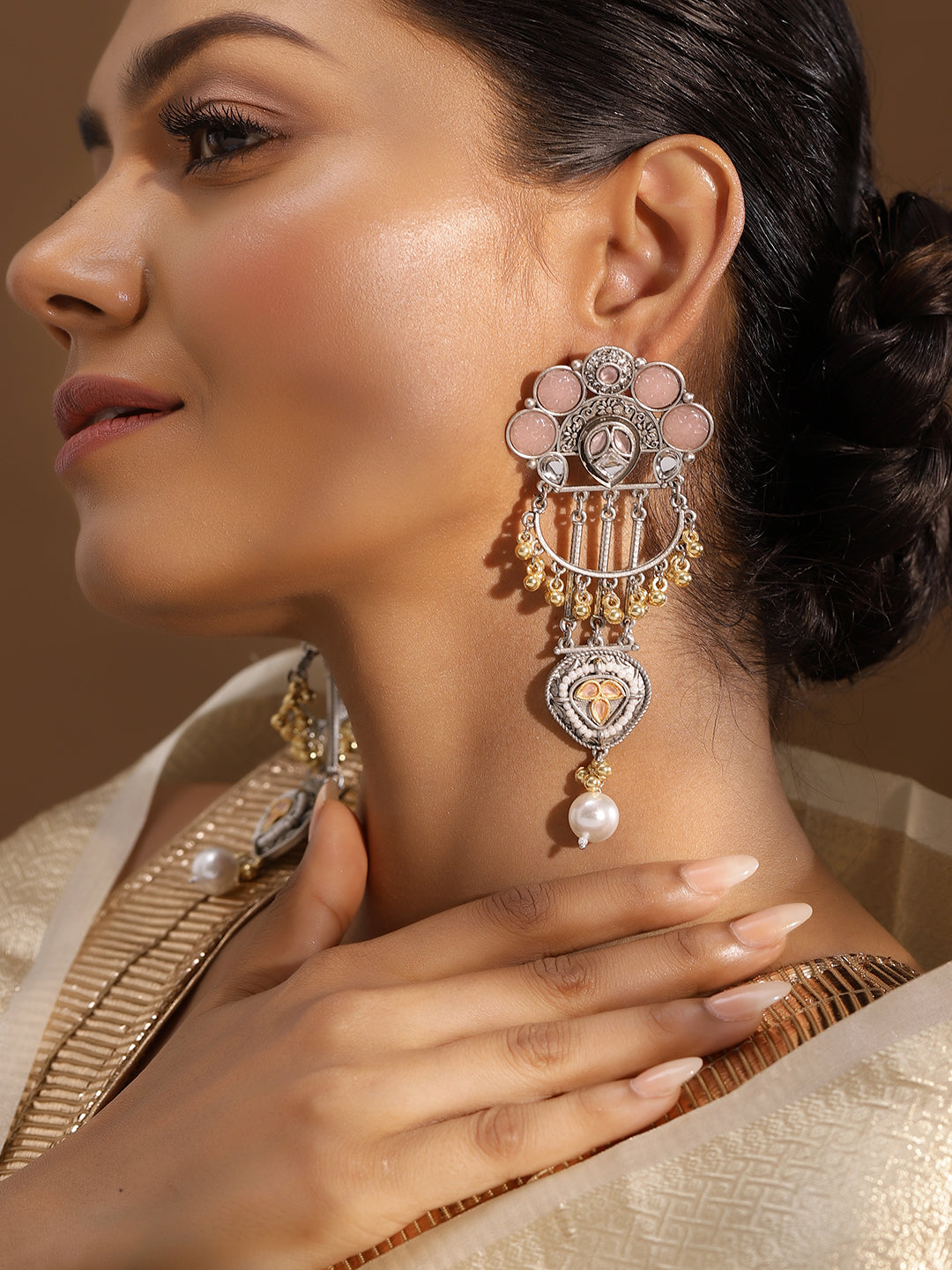 Ishin Pink Colour Silver Plated Pearl Chandbali Earring
