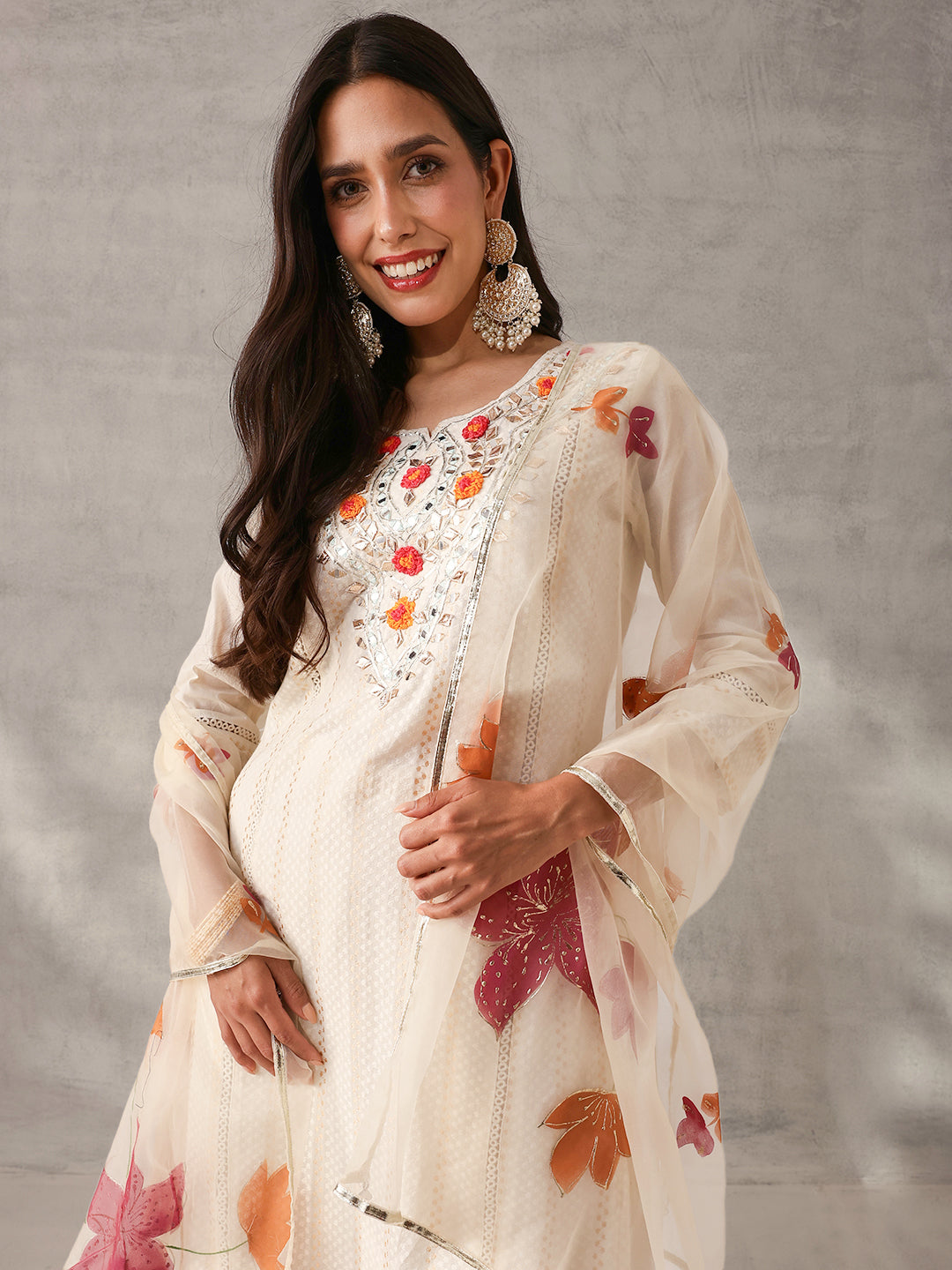 Graceful Off-White Cotton Embroidered straight fit Kurta Set with Hand-Painted Dupatta