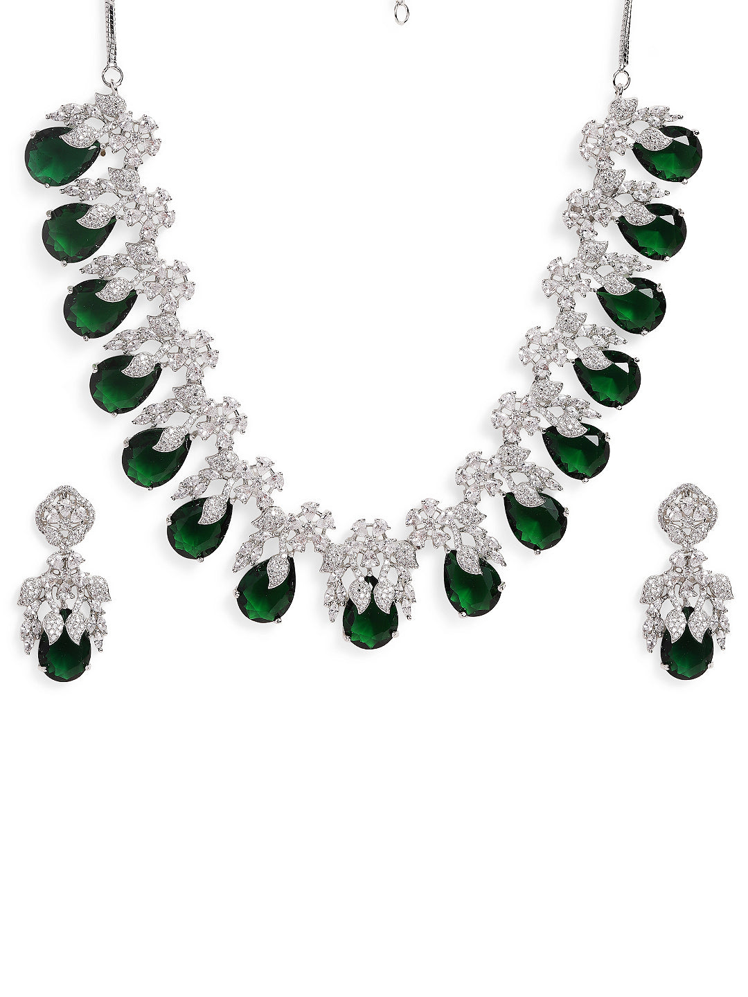 Ishin Green Colour Silver Plated American Diamond Drop Earring