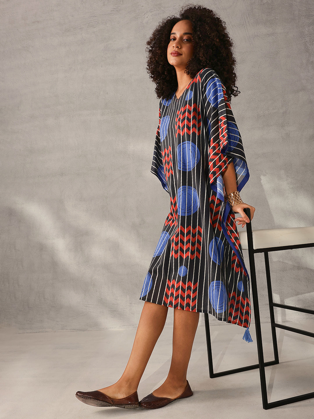 Comfy Black Cotton Printed Kaftan with tassels