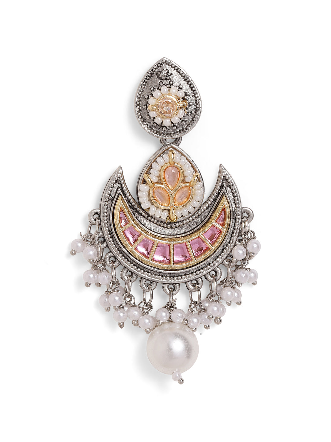 Ishin Pink Colour Silver Plated Pearl Chandbali Earring