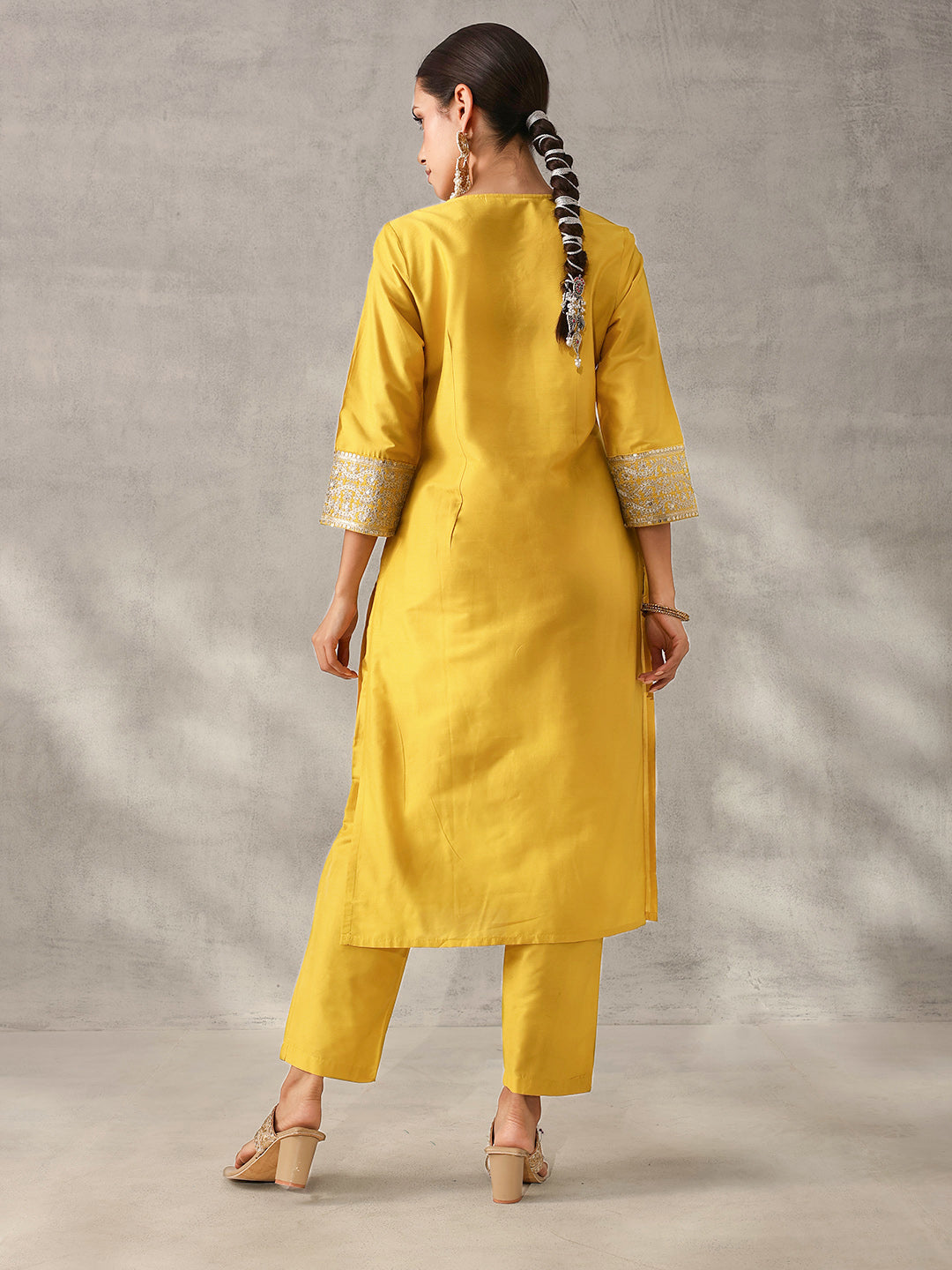 Soft Mustard Polystyrene Zari Embroidered Straight Fit Kurta Set