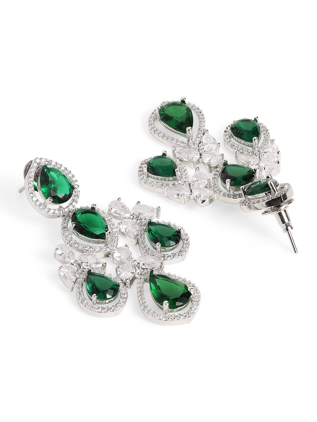 Ishin Green Colour Silver Plated American Diamond Jewellery Set