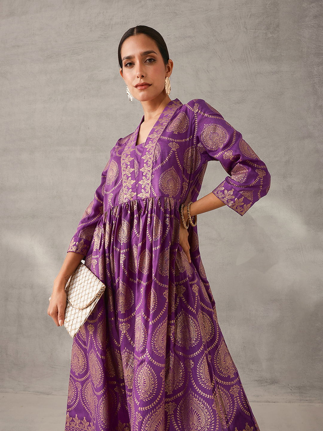 Rich Rust Purple Foil Printed Fit & Flare Kurta
