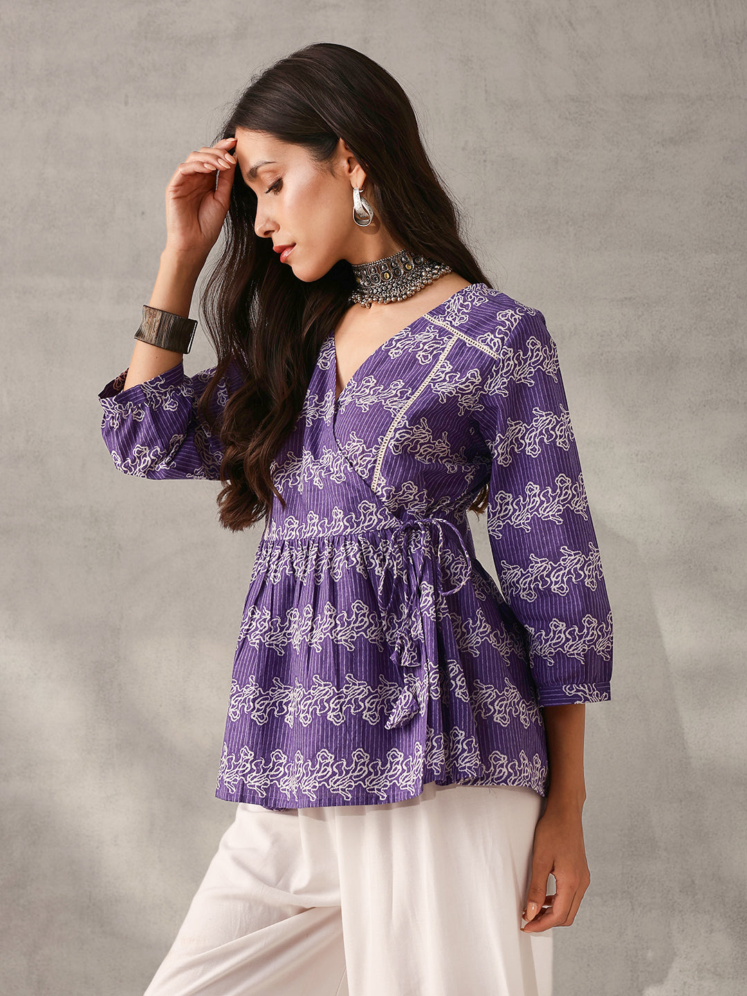 Comfy Purple Cotton Printed Angrakha fit Top