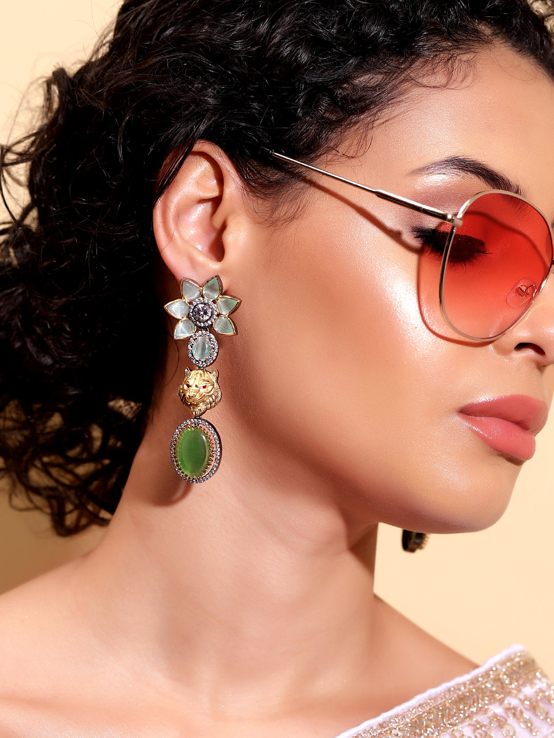 Ishin Green  Colour Silver Plated AD Drop Earring