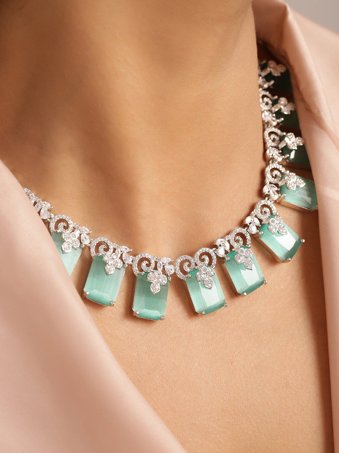 Ishin Aqua Colour Silver Plated American Diamond Jewellery Set