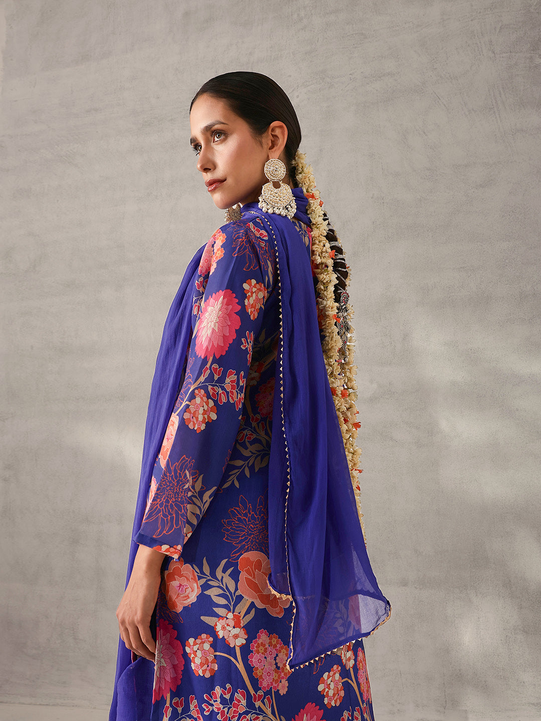 Soft Royal Blue Chinon Floral Printed straight fit Kurta Set with Dupatta