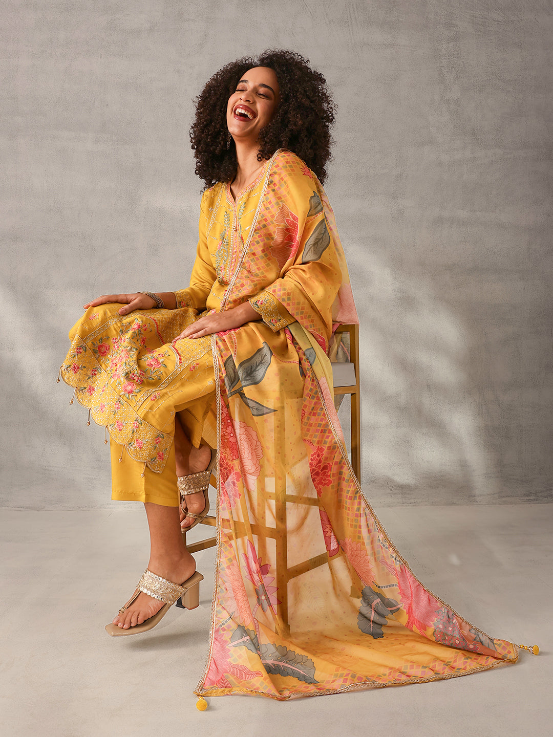 Soft Mustard Roman Silk Embroidered Straight Fit Kurta Set with Dupatta