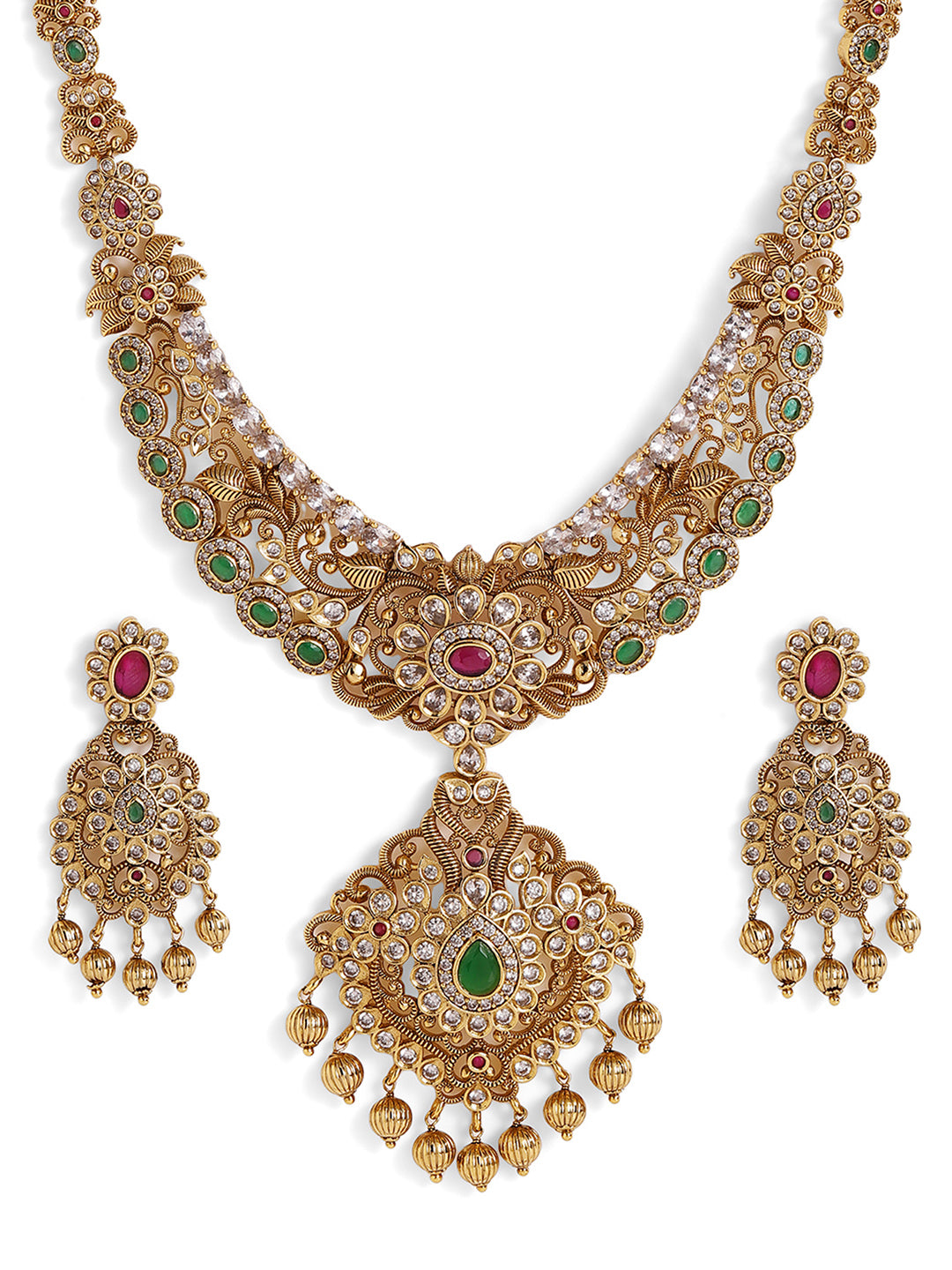 Ishin Goddess Style Gold Plated Necklace Floral style Drop earrings Jewellery Set