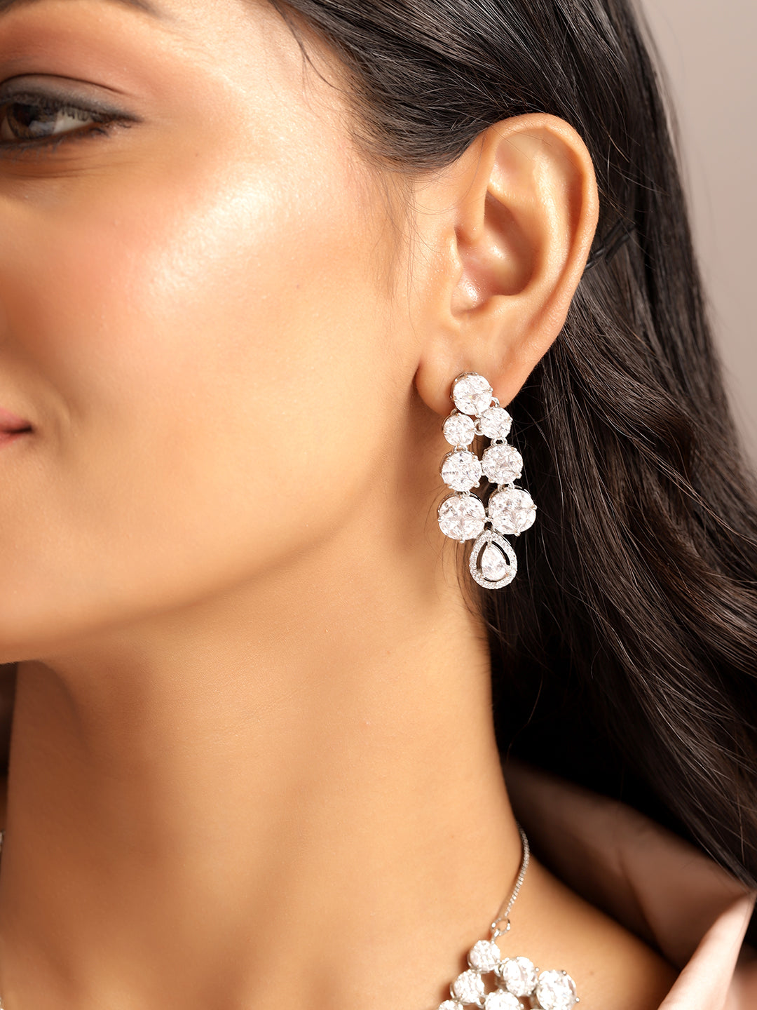 Ishin White Colour Silver Plated American Diamond Jewellery Set