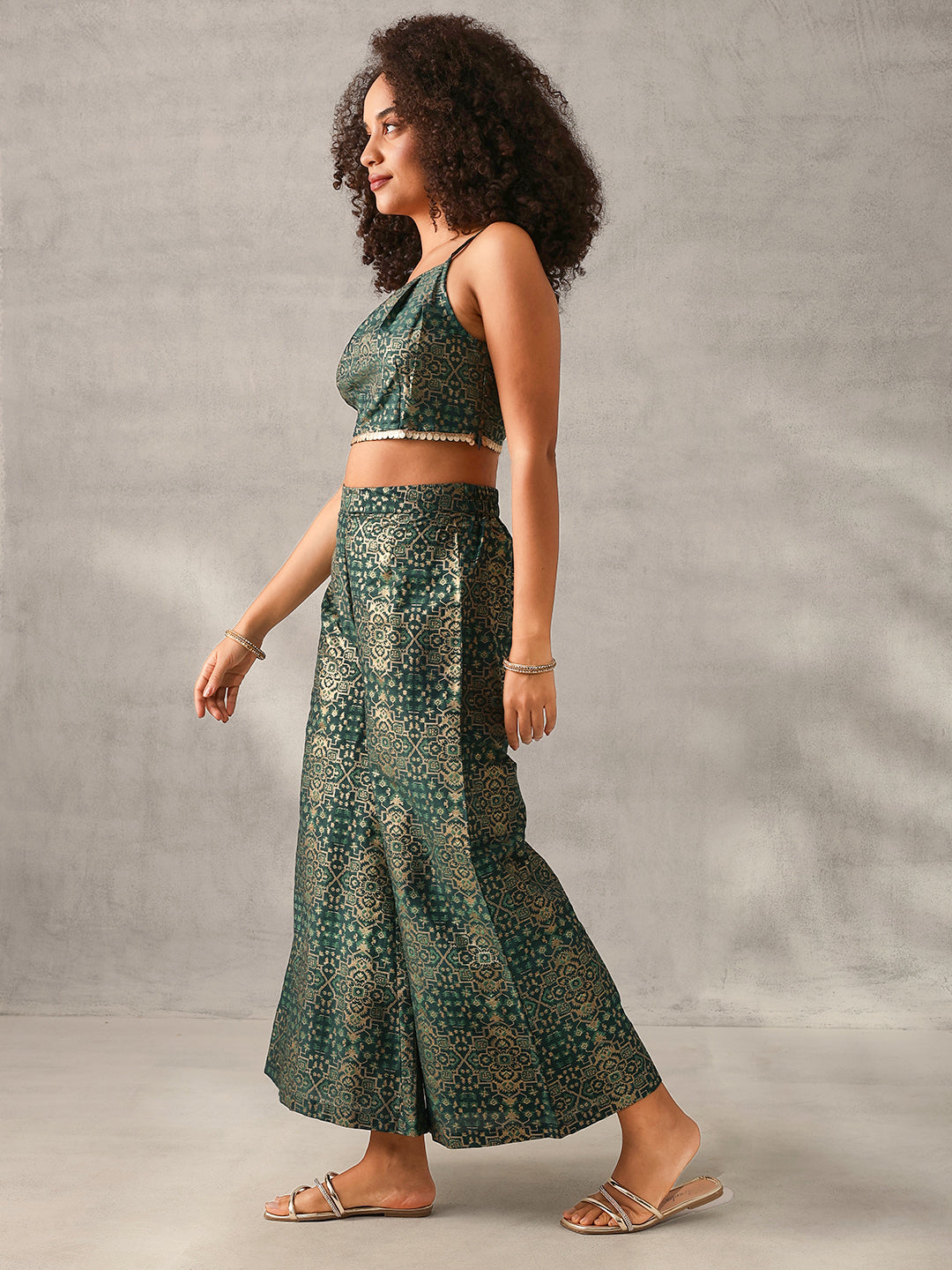Rich Green Chinon Foil Printed Regular Fit Co-ords with Palazzo Bottom