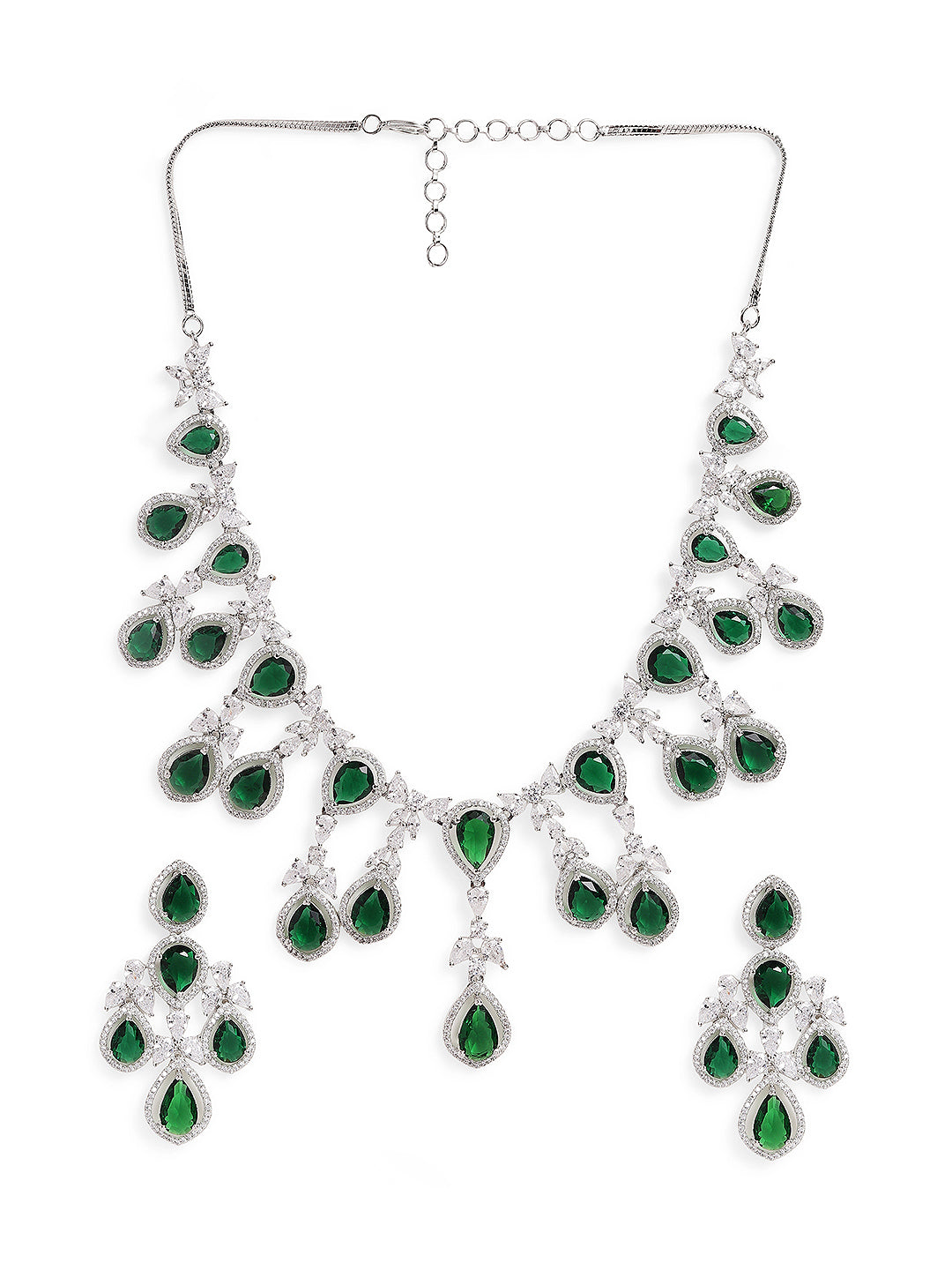Ishin Green Colour Silver Plated American Diamond Jewellery Set