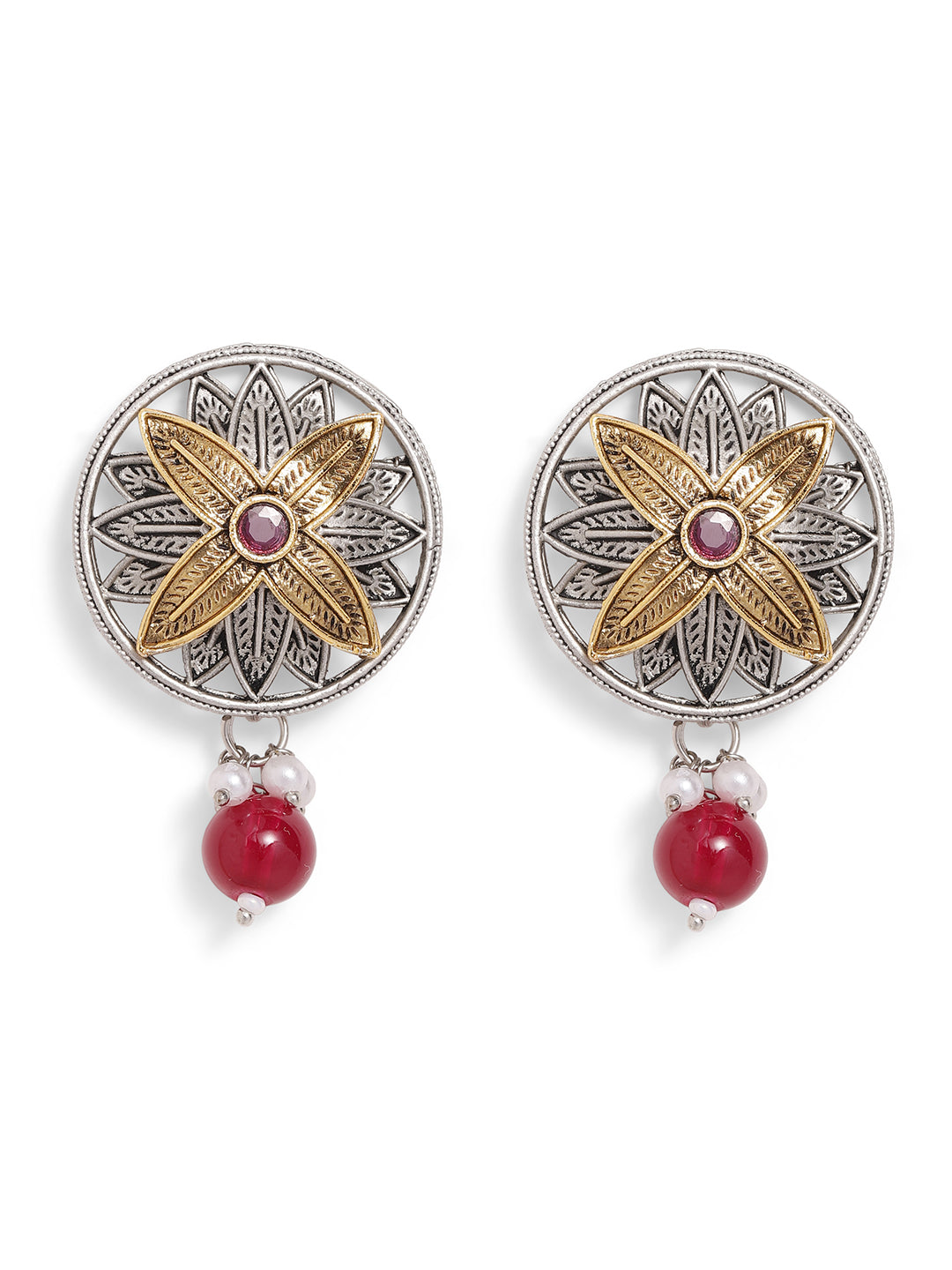 Ishin Maroon Colour Silver Plated Beads Stud Earring